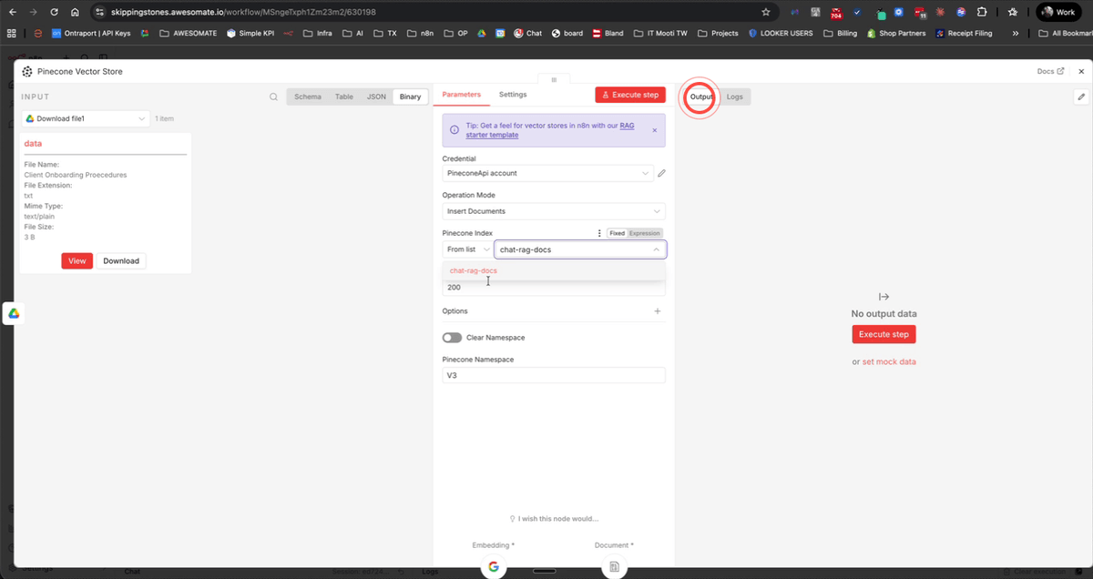 N8N Pinecone Vector Store node showing index selection, namespace V1, and batch size settings
