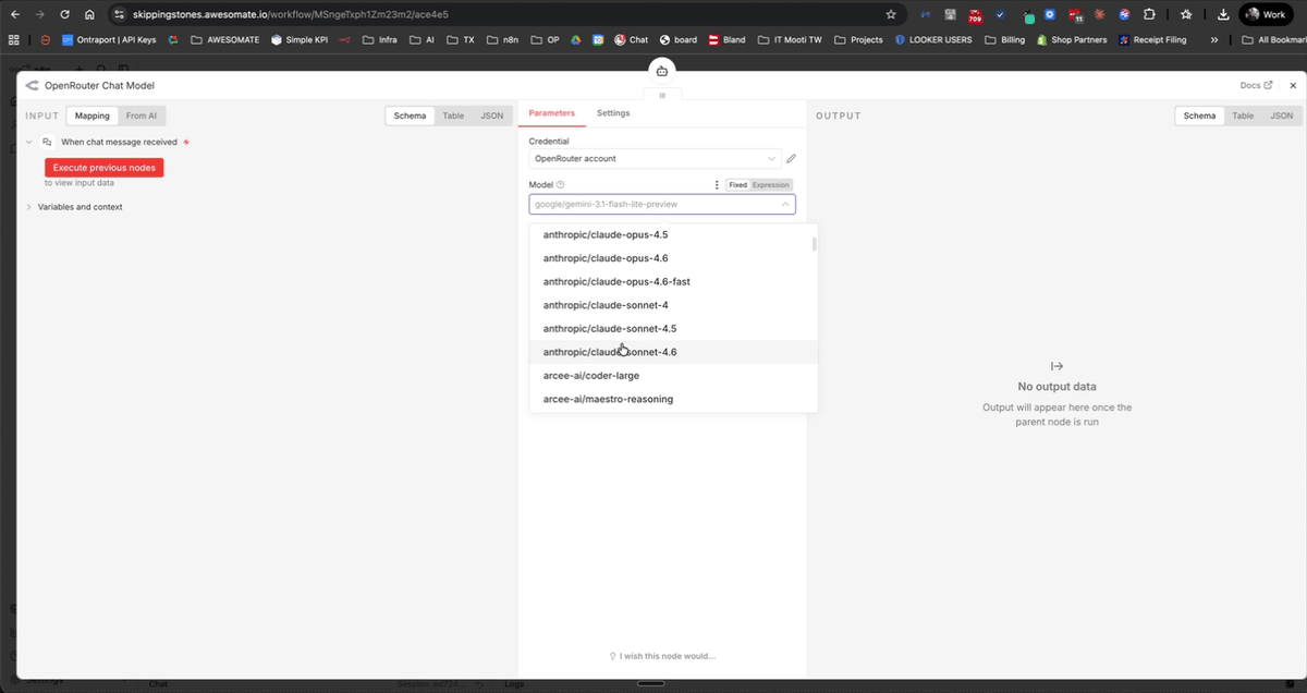 N8N OpenRouter node with model selection and the Publish button highlighted