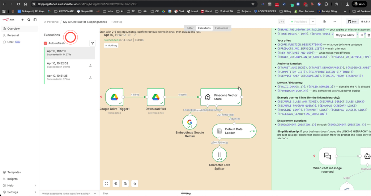 N8N Executions tab showing a successful workflow run with document and embedding counts