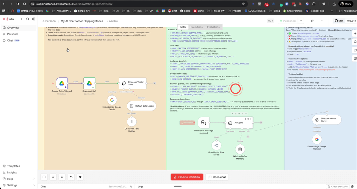 N8N AI Agent node with the system prompt expanded showing business detail placeholders
