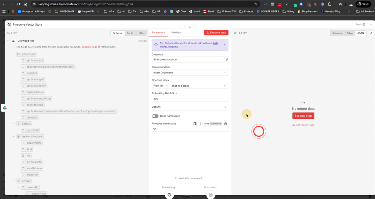 Side-by-side view of the ingestion and retrieval Pinecone nodes showing matching V1 namespace values