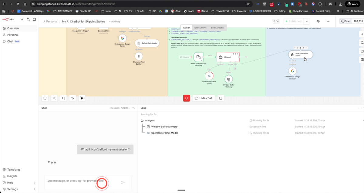 N8N built-in chat panel showing a test conversation with the AI agent