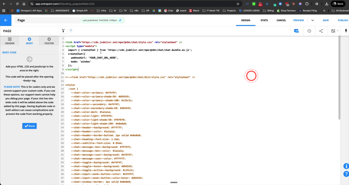 Website builder showing the embed code pasted into a custom HTML block