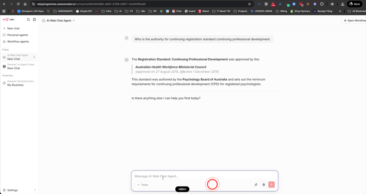 N8N Chat hub showing the AI Web Chat Agent under Workflow Agents with a test conversation