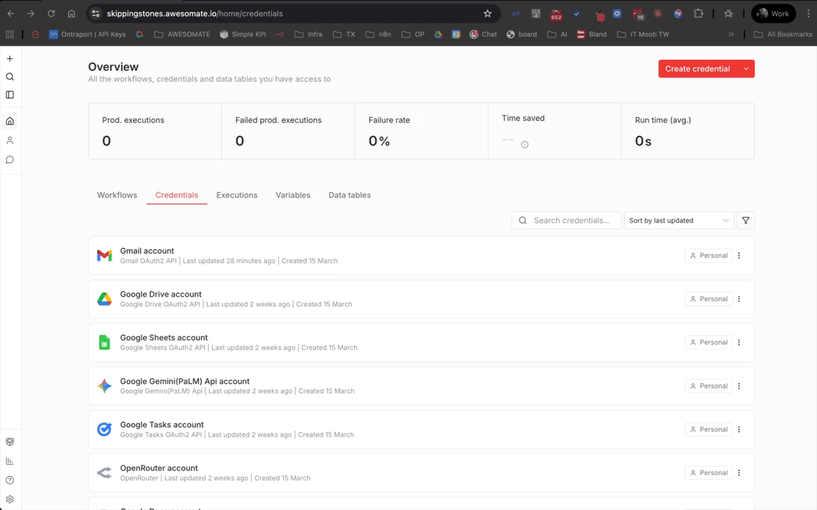 Left-hand navigation panel showing Credentials and Workflows sections on the homepage