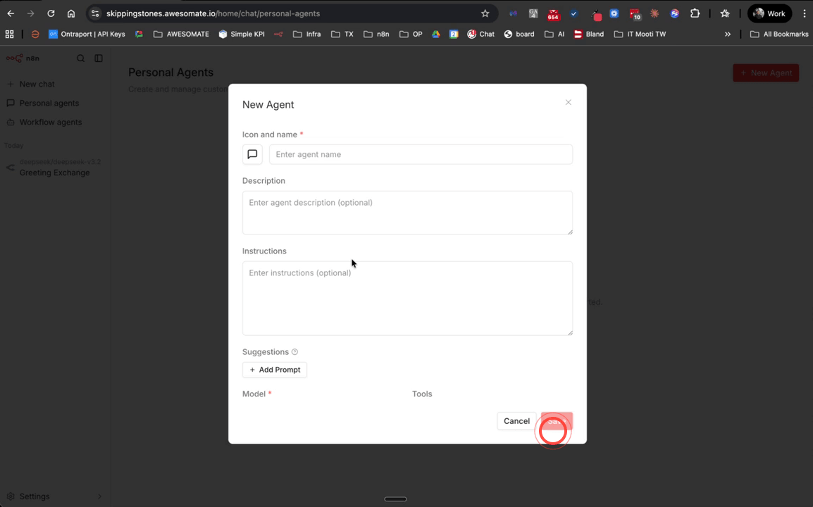 Personal Agent creation screen with the agent name field filled in as Andrew's Email Agent