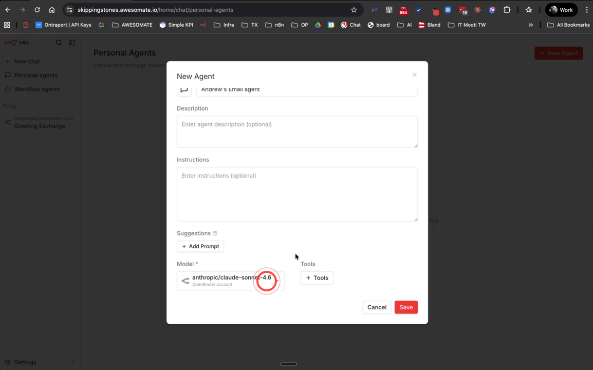 Model selection screen with Anthropic Claude Sonnet 4.6 highlighted