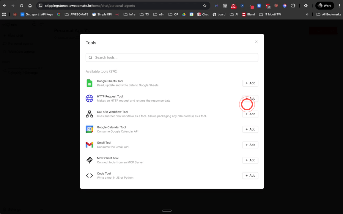 Add Tools panel with the Gmail tool selected and connected to the agent