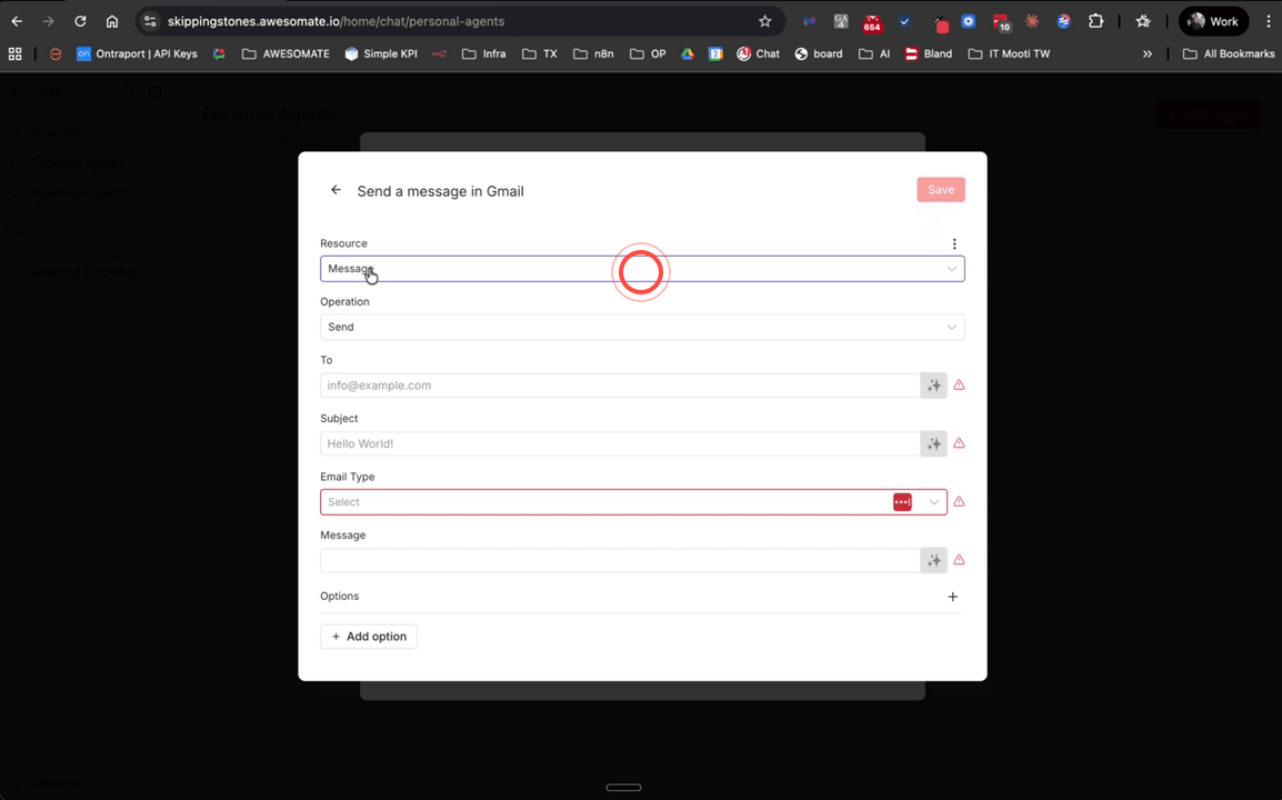 Gmail tool configuration showing Resource set to Message and Operation set to Send
