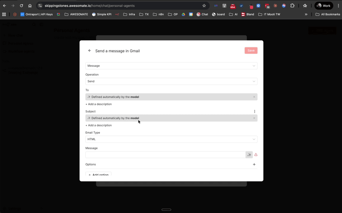 Gmail tool parameter settings with model-defined fields enabled for To, Subject, and Message, and Email Type set to HTML