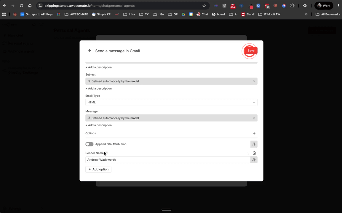 Gmail tool configuration bottom section showing Append N8N Attribution toggled off and Sender Name field filled in