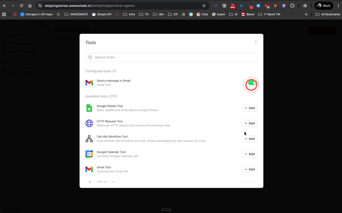 Tools panel showing the Gmail tool listed and enabled with a tick next to it