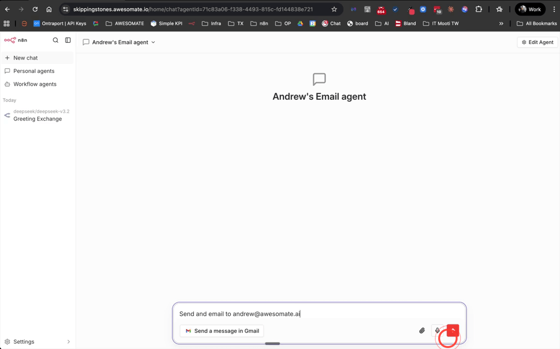 Personal Agent chat window showing a prompt to send an email and the agent's confirmation response