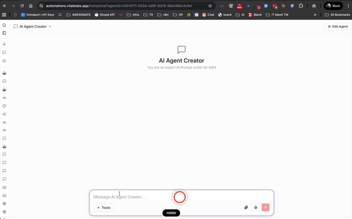 AI Agent Creator chat window with a detailed prompt describing the desired email agent behaviour and design requirements