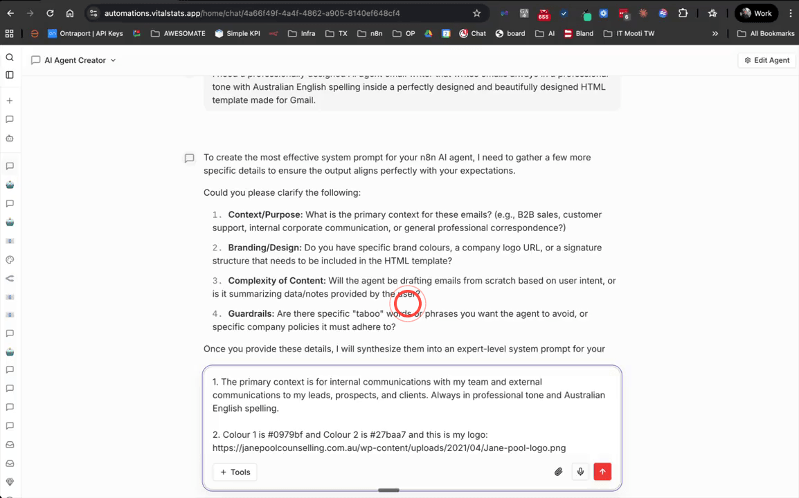 AI Agent Creator chat showing brand colour hex codes and a logo URL being provided in response to branding questions