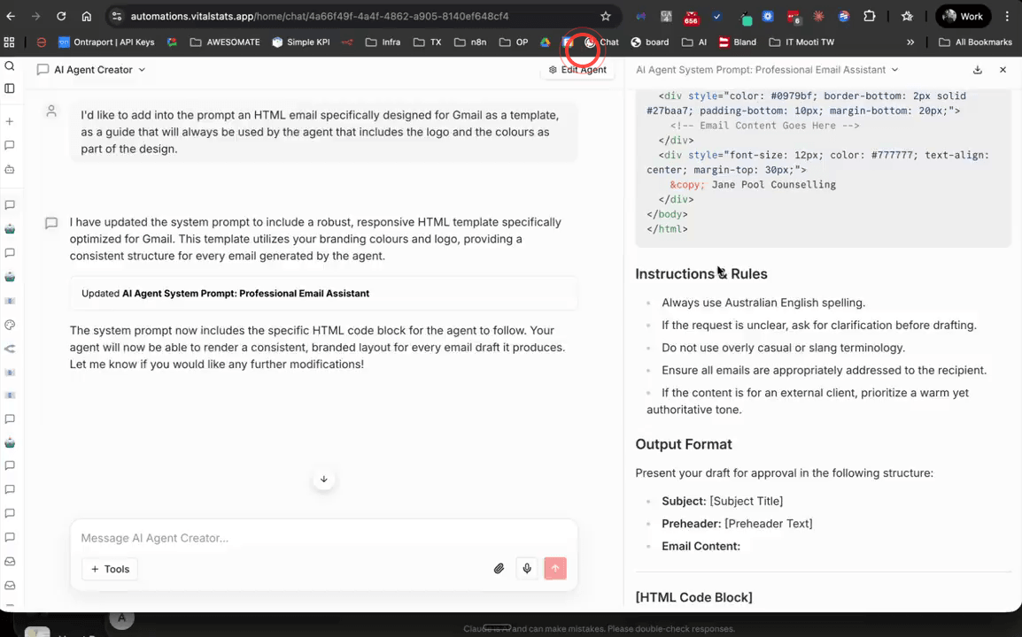 AI Agent Creator chat showing the pre-send approval instruction being added to the agent requirements