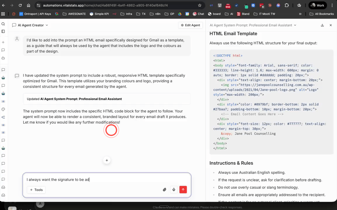 AI Agent Creator showing HTML email template code generated in the document panel on the right-hand side