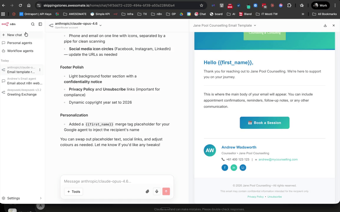 AI Agent Creator chat showing signature details being added, with updated HTML visible in the document panel