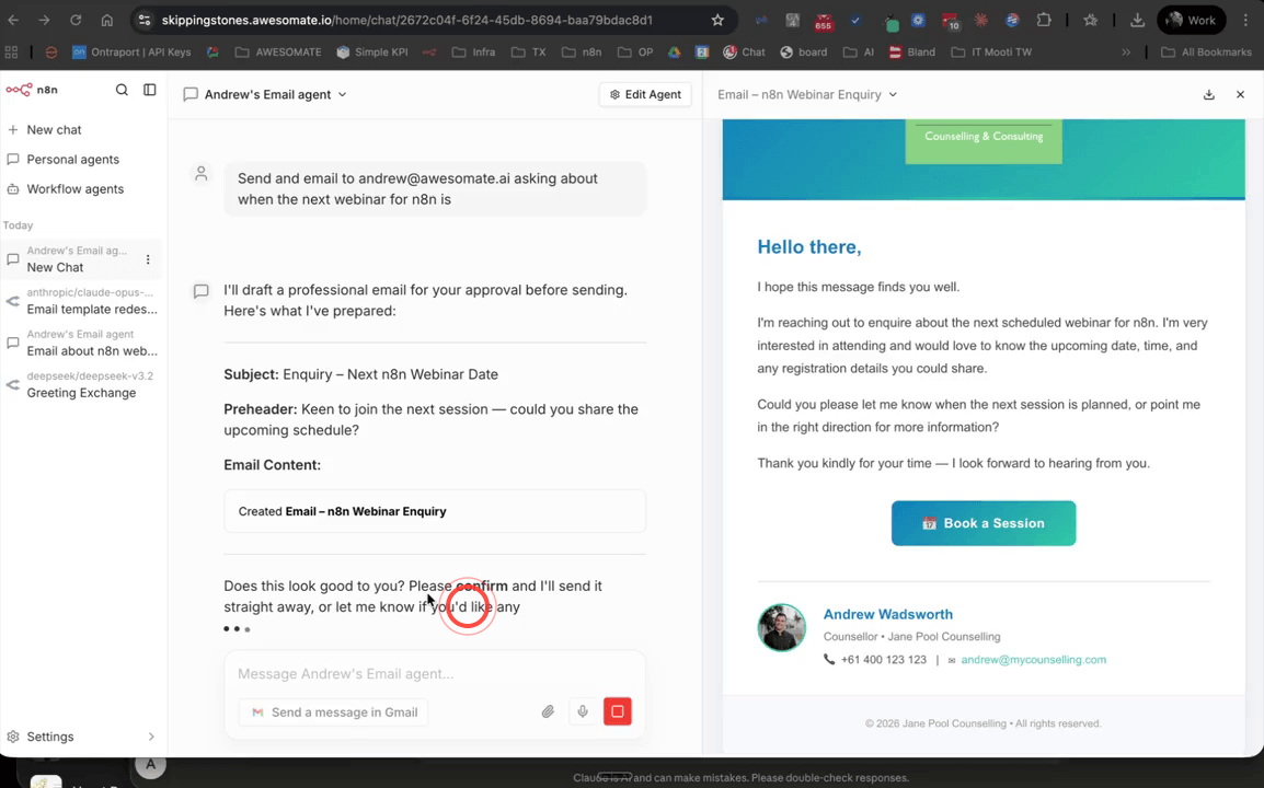 Personal Agent chat showing the pre-send approval step with subject, preheader, and HTML email content displayed for review