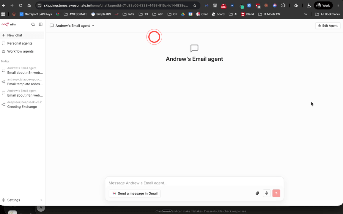 Workflow editor showing the On Chat Message trigger node with Make Available in N8N Chat Hub enabled and an agent name configured