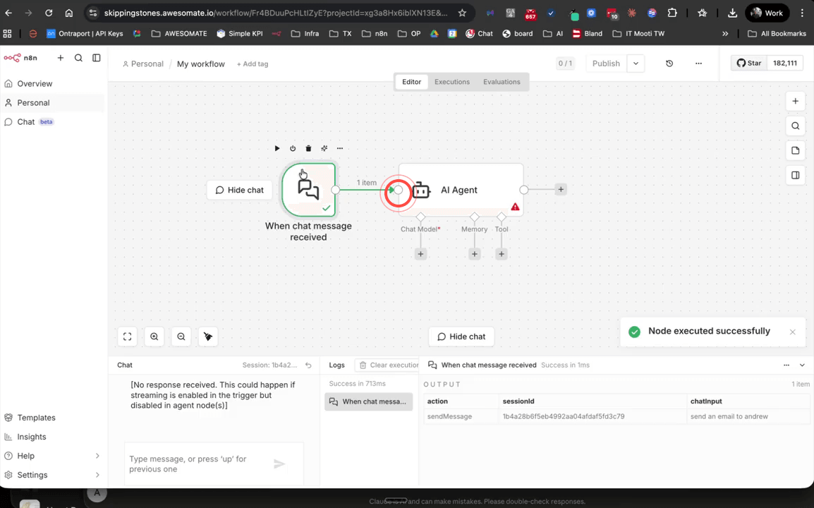 Workflow editor showing the AI Agent node connected to the On Chat Message trigger with the chat input expression configured