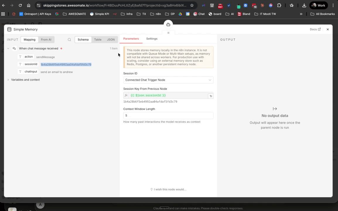 Workflow editor showing the AI Agent node with a model selected via OpenRouter and a Simple Memory node connected