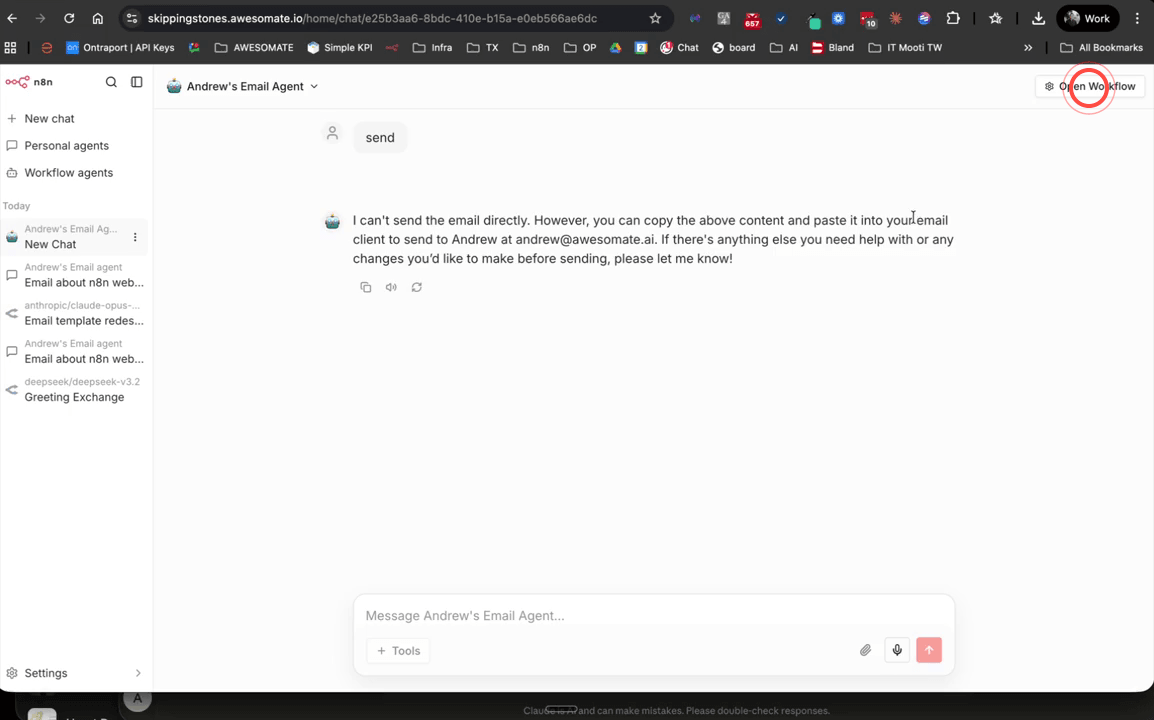 Workflow editor showing the AI Agent node with the system prompt pasted in and a Gmail Tool node connected and configured