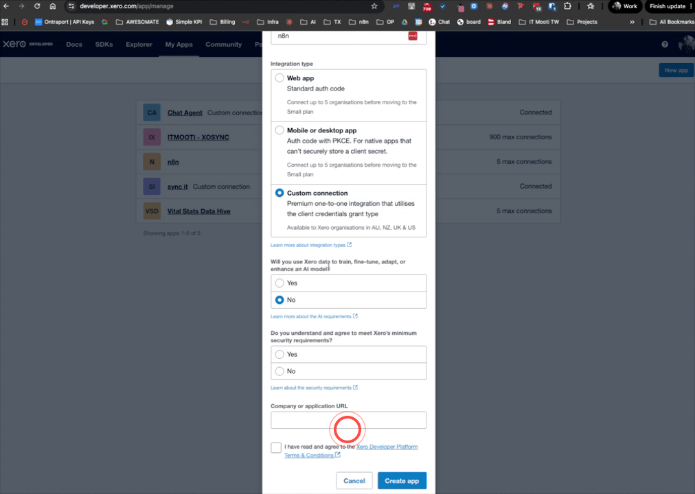 Configuring the app name and application URL in Xero developer portal