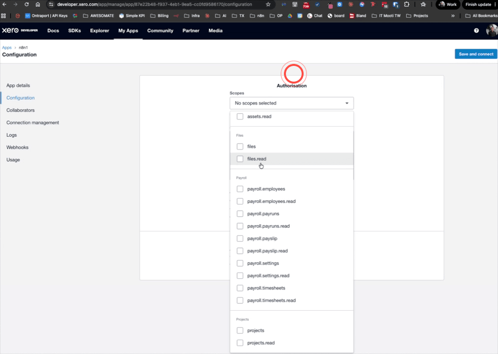 Selecting API scopes for the Xero custom connection app