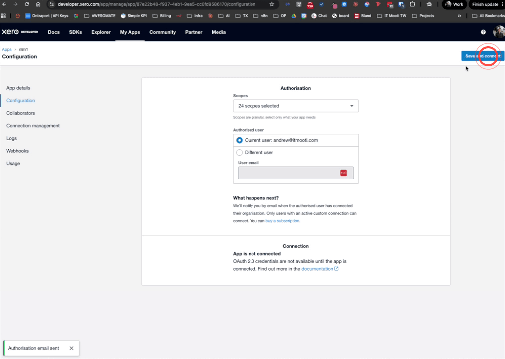 Authorising the Xero app and viewing the Client ID and Client Secret