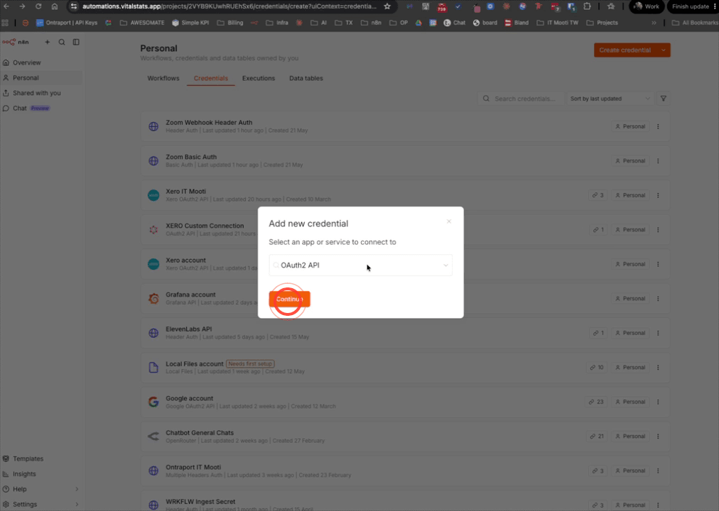 Adding an OAuth2 API credential in N8N with Xero token URL and client credentials