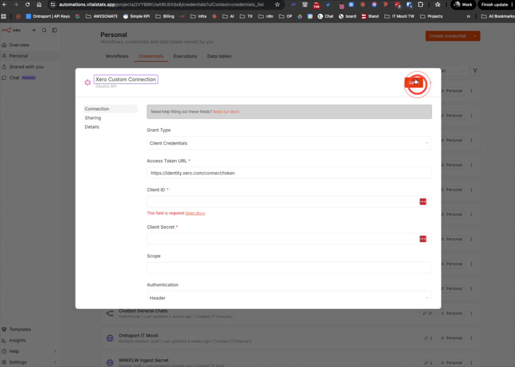 Naming and saving the Xero Custom Connection credential in N8N
