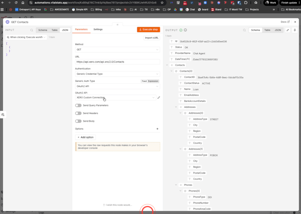 Testing the Xero connection using an HTTP Request node in N8N