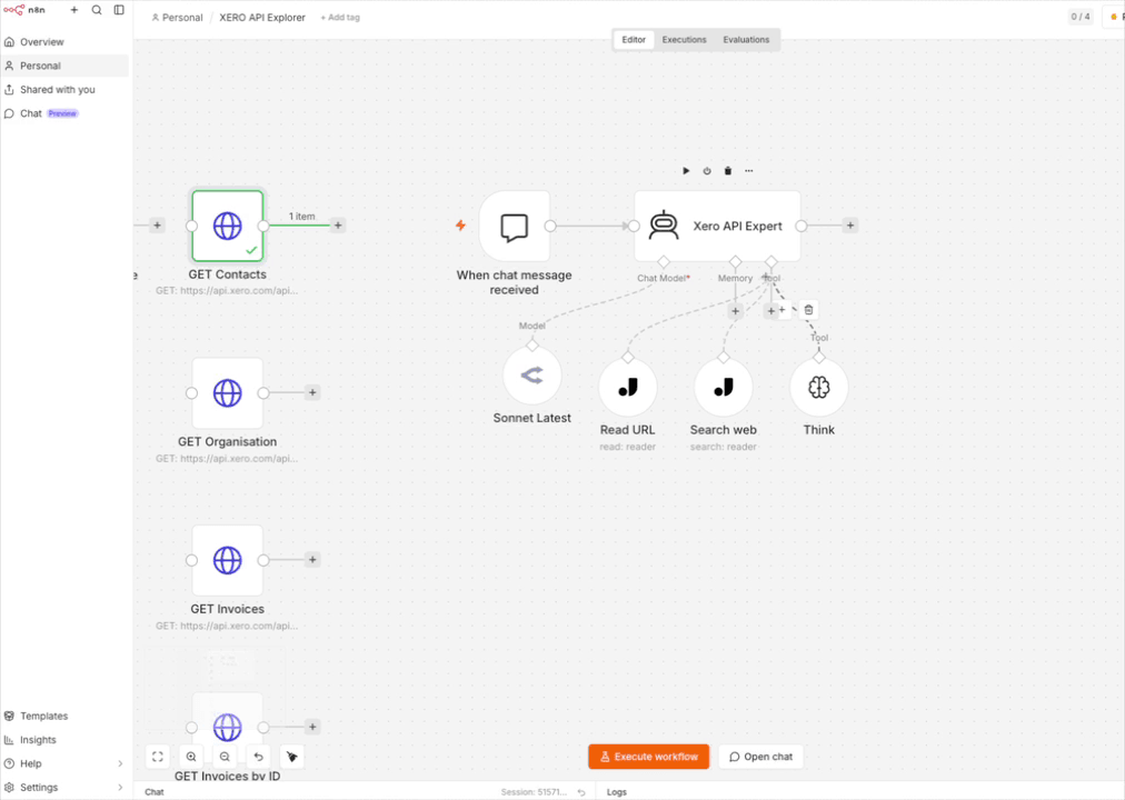 Exploring pre-built Xero API endpoint nodes inside the installed template workflow