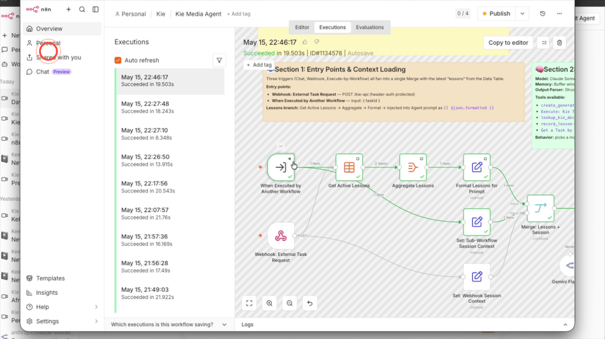 N8N personal agent editor showing the Kai Studio agent name and system prompt configuration