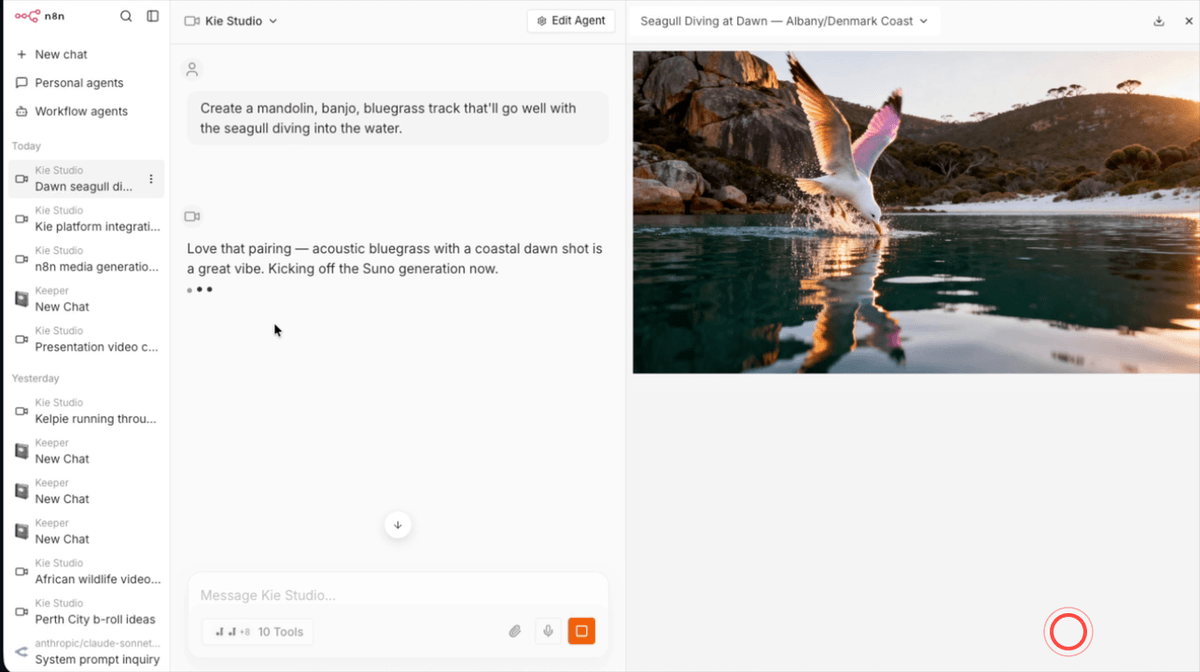 Kai Studio chat showing an image generation prompt being submitted and the agent selecting the Seadream model