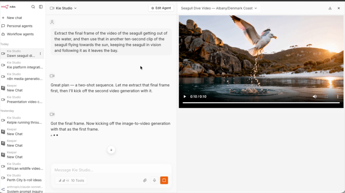 Kai Studio chat showing a music generation prompt for a bluegrass track being submitted via Suno