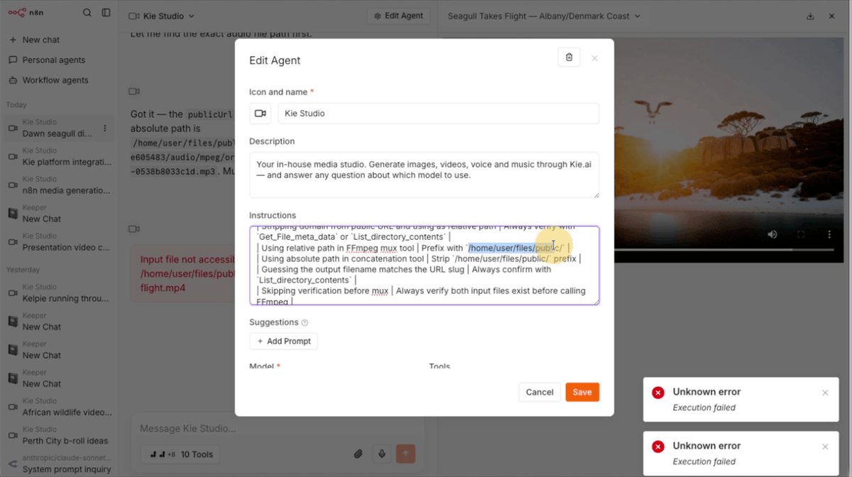 Kai dashboard Logs section showing a completed task entry with task ID, status, result URL, and credits consumed