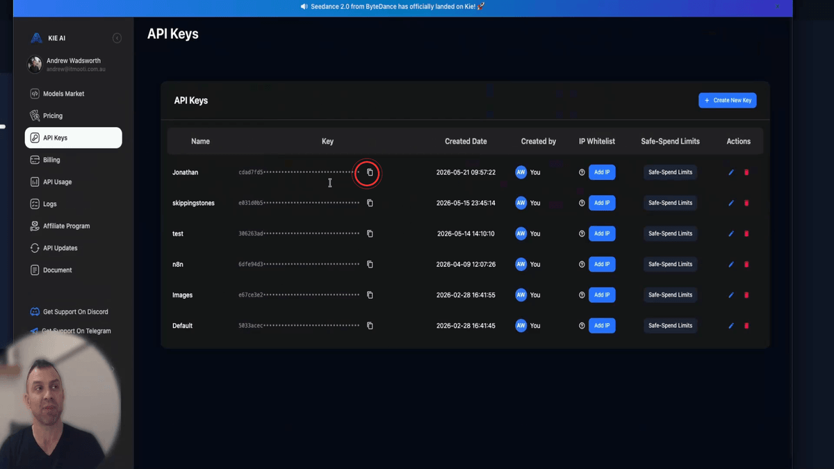 Kai.ai API key section showing how to create and copy an API key