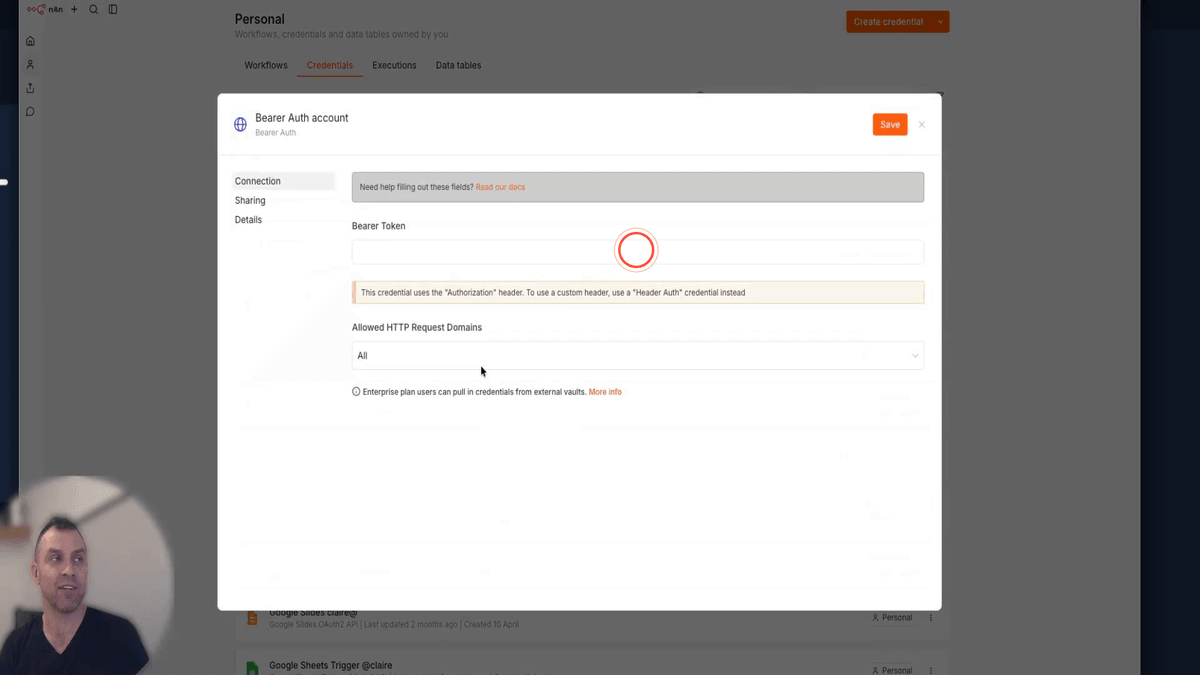 n8n credentials screen showing Bearer Auth setup with the KIE credential name