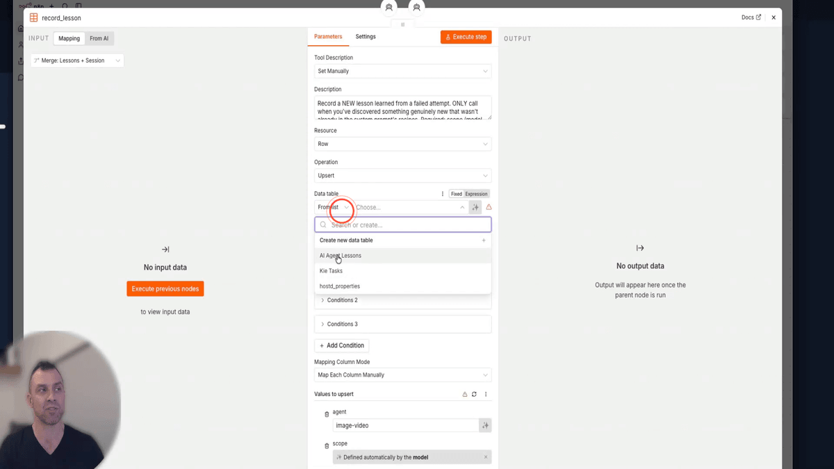 Chi Media Agent workflow showing the AI Agent Lessons node being configured via From List