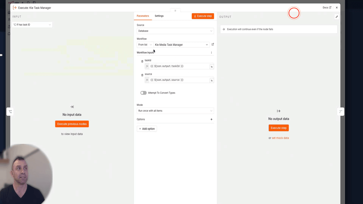 Execute Chi Task Manager node showing the Chi Media-Task Manager selected in the workflow dropdown