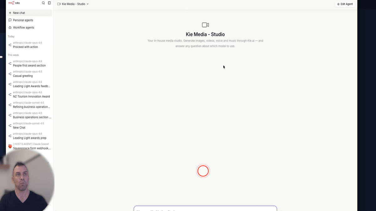 n8n chat area showing Personal Agents with Chi Media Studio selected