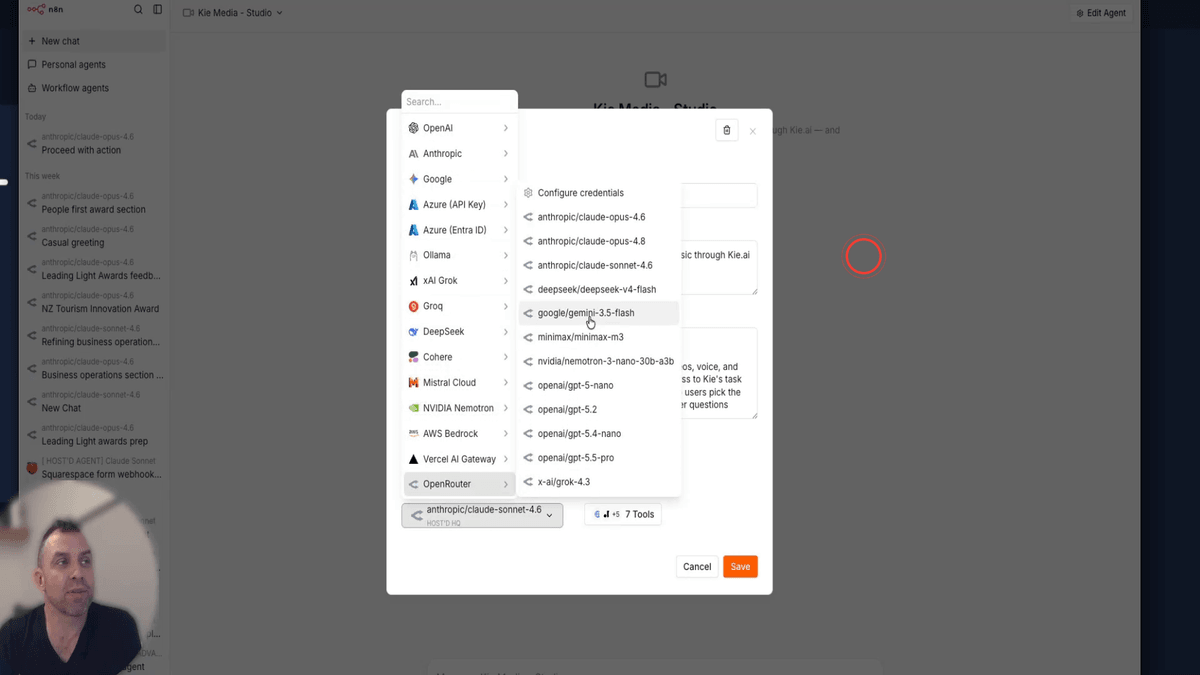 Chi Media Studio agent settings showing the Open Router model selection with Gemini 3.5 Flash highlighted
