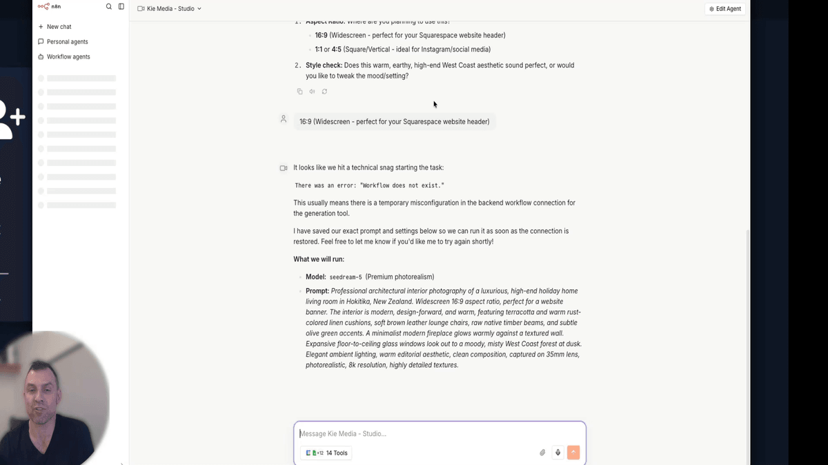 Chi Media Agent workflow showing the Execute Chi Task Manager node being corrected and re-published