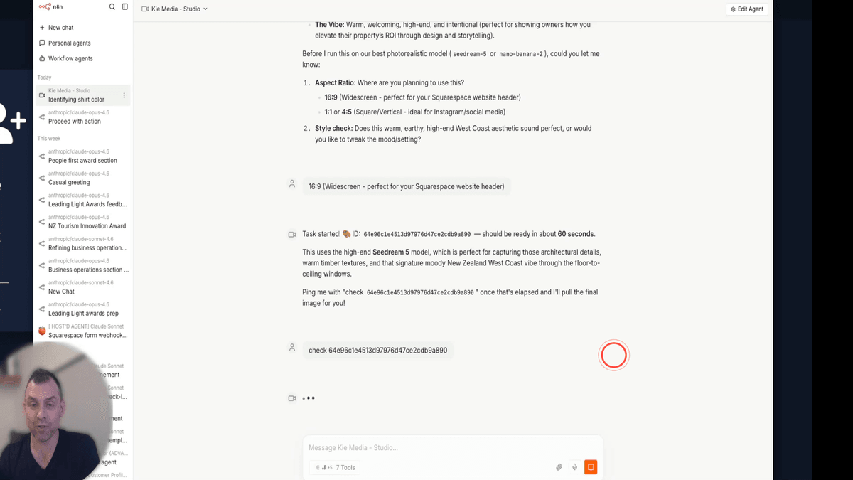 Chi Media Studio chat showing a task ID being pasted back in to retrieve the completed generated image