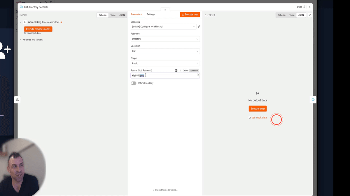 n8n workflow showing a file search node using a glob pattern to locate saved PNG images in the chi folder