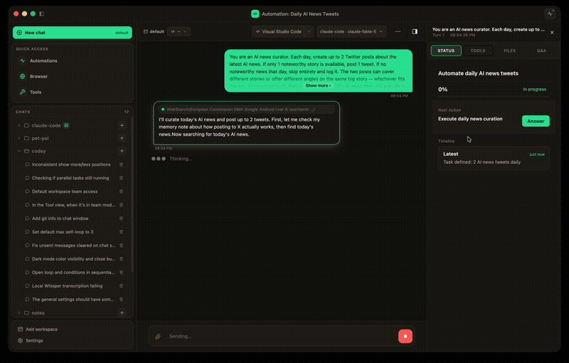 Codey demo: a scheduled Automation drafts a post and publishes it through the built-in agent-controlled browser, hands-free