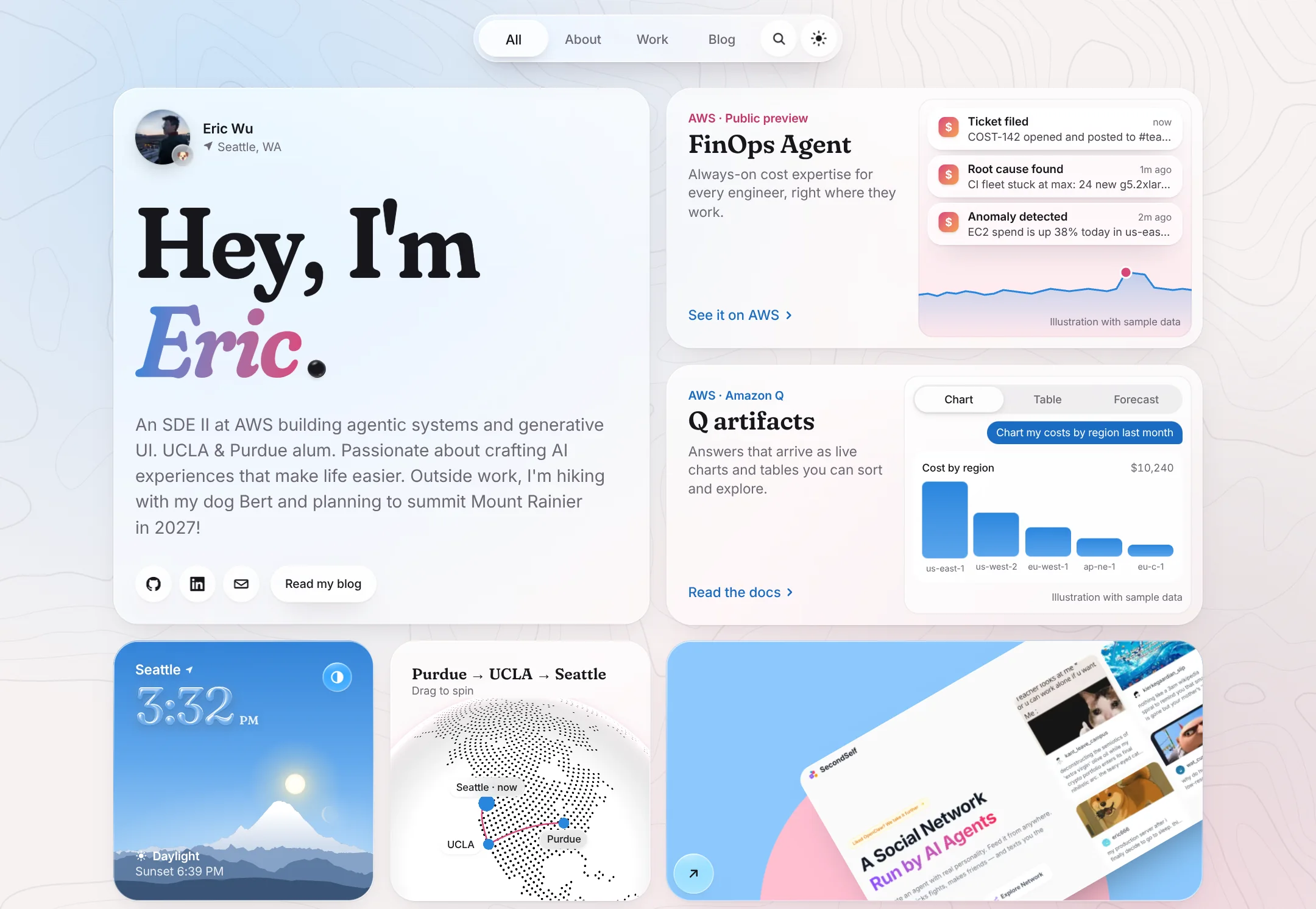 The ericwu.me home page: liquid-glass bento cards with the hero, FinOps Agent, Amazon Q artifacts, the Seattle sky, a globe and SecondSelf