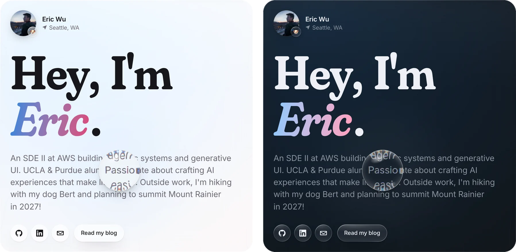 The glass period pulled over the bio, magnifying the words beneath it, in light and dark mode